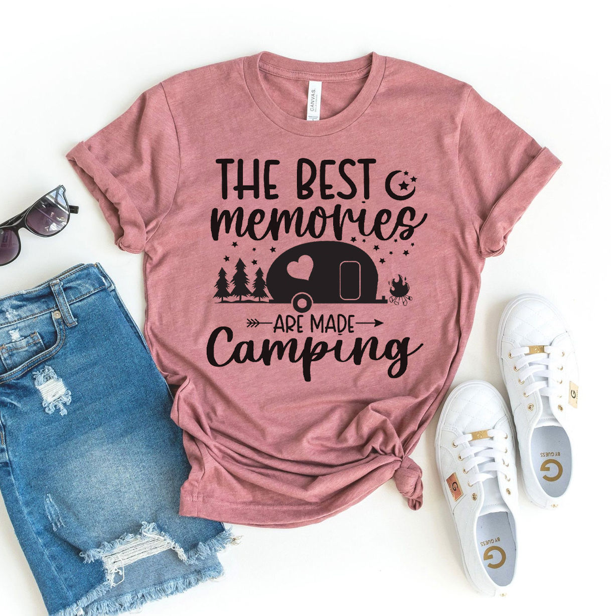Pink t-shirt with text: The Best Memories Are Made Camping