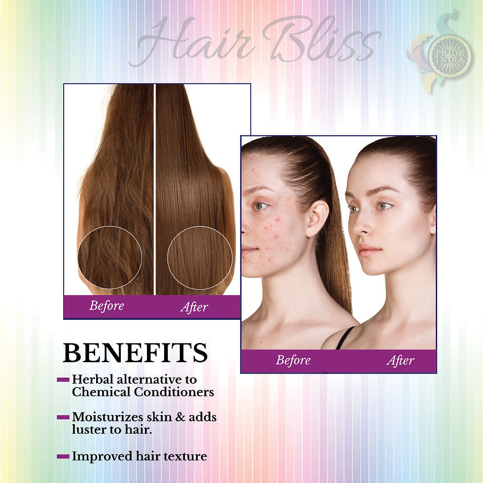 Hair Bliss product, benefits shown before and after, herbal solutions, improved hair texture