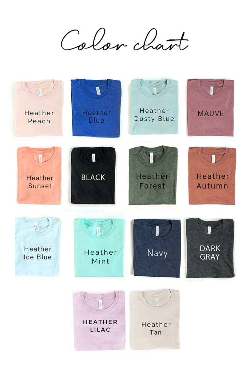 Various colored t-shirts with text labels: Heather Peach, Blue, Dusty Blue, Mauve.