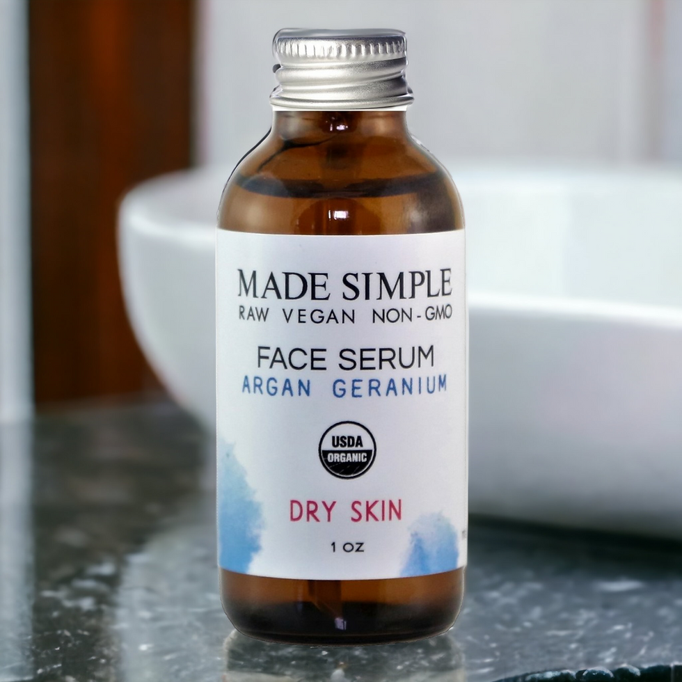Made Simple Face Serum with Argan Geranium for Dry Skin, organic skincare product.