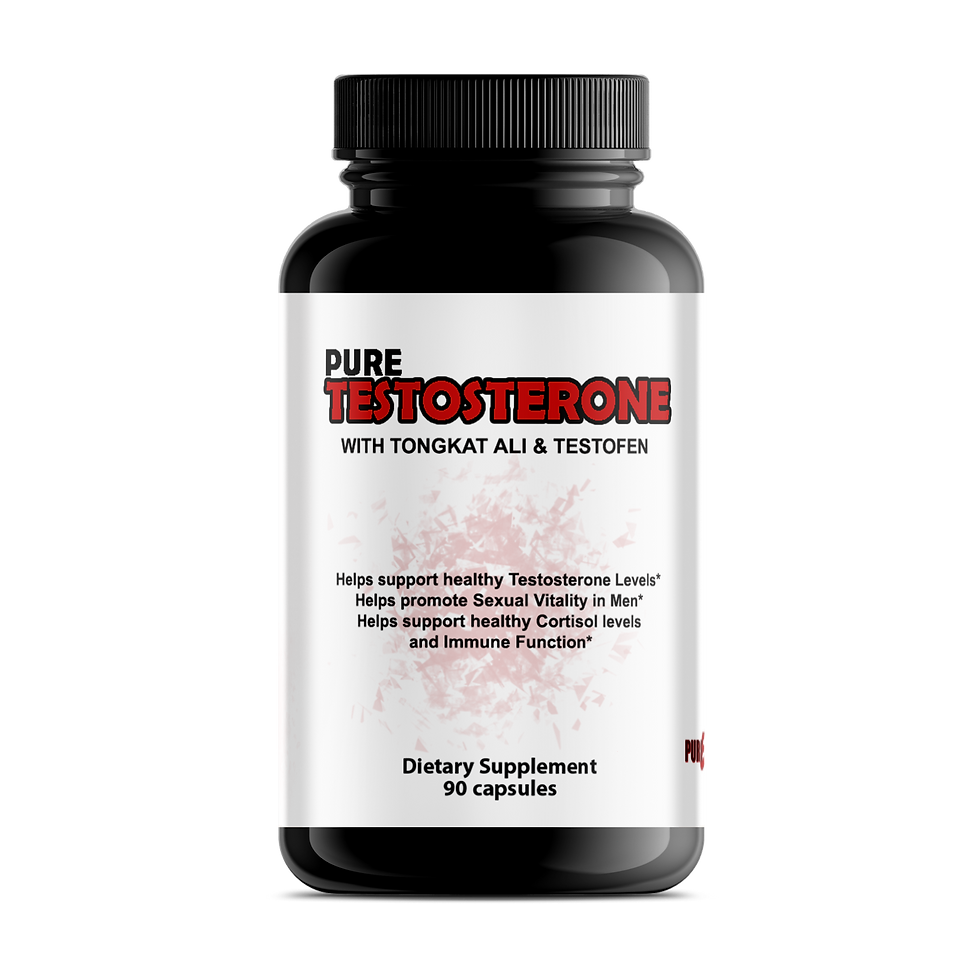 Black bottle of Pure Testosterone supplement with text and red accents.