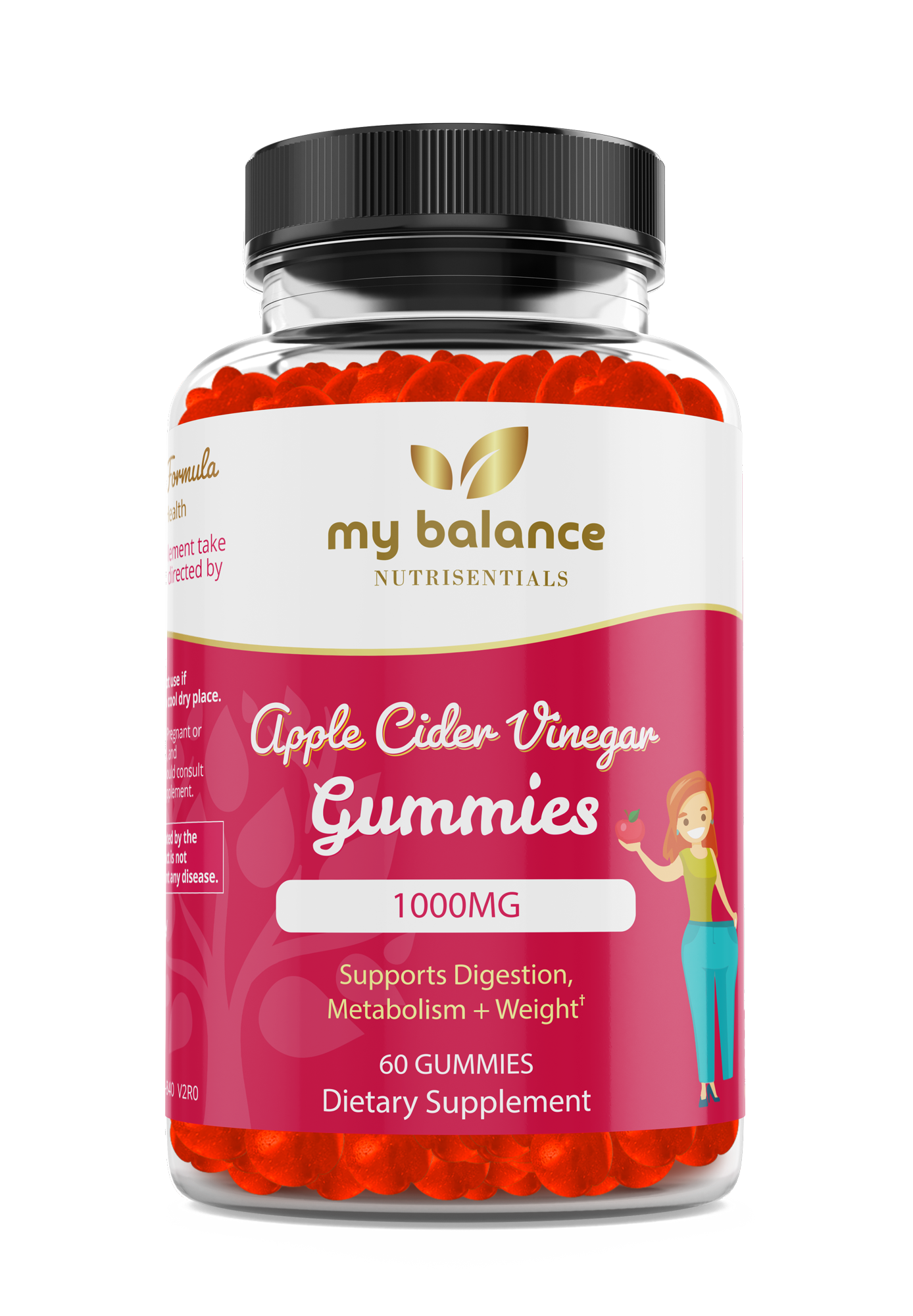 My Balance Apple Cider Vinegar Gummies bottle text, supports digestion weight, 1000MG.