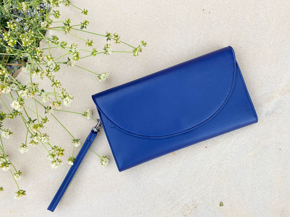 Elegant blue clutch with wrist strap; Lucca - Luxury Wallet on white surface.