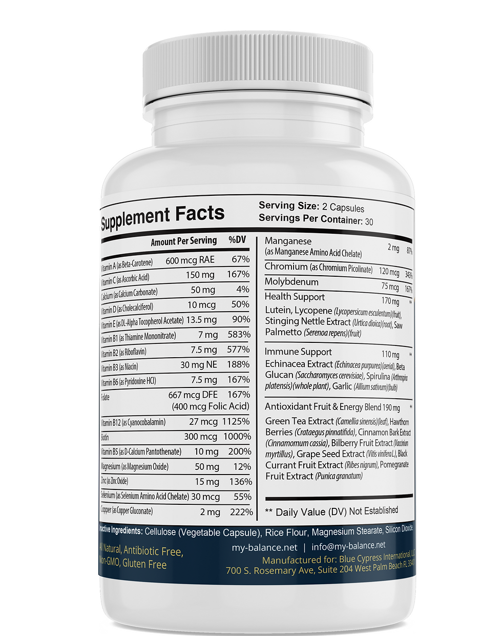 Supplement Facts label on a white bottle listing vitamins and minerals for health.