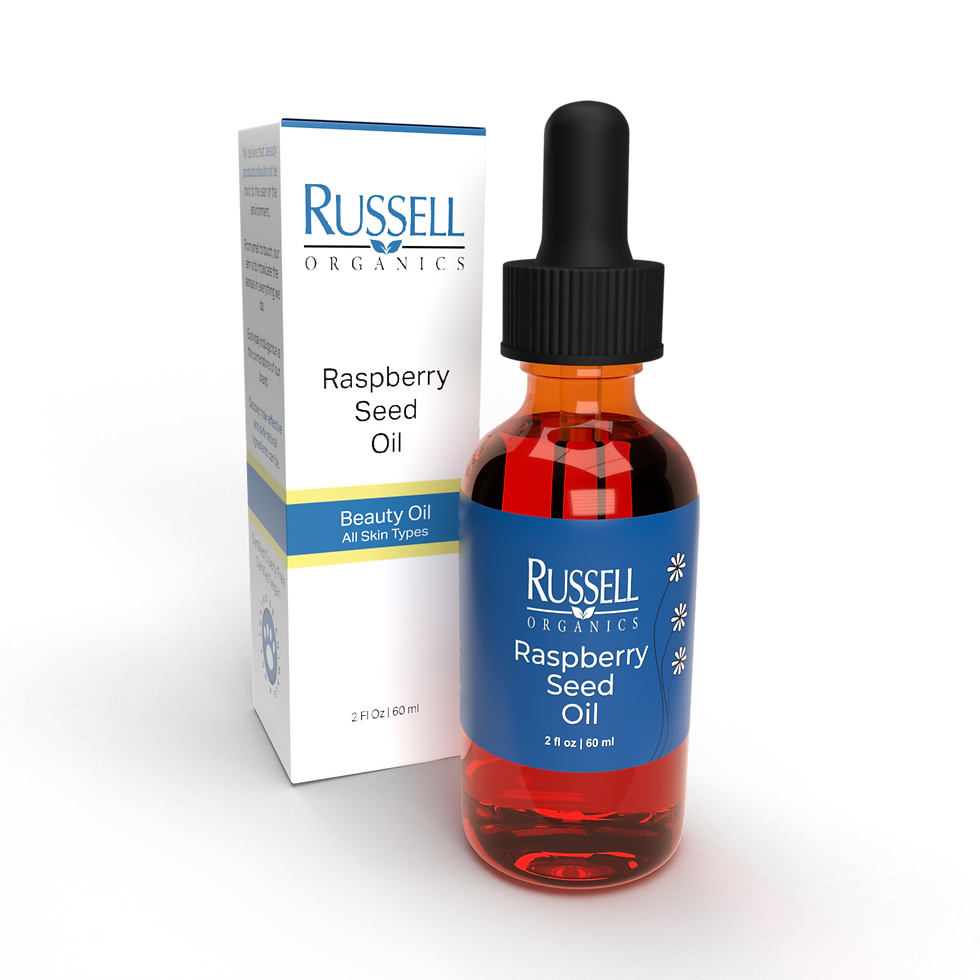 Russell Organics Raspberry Seed Oil bottle with box. Beauty Oil for all skin types.