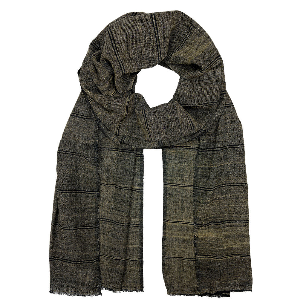 A folded and wrapped olive scarf. Good for fall fashion.