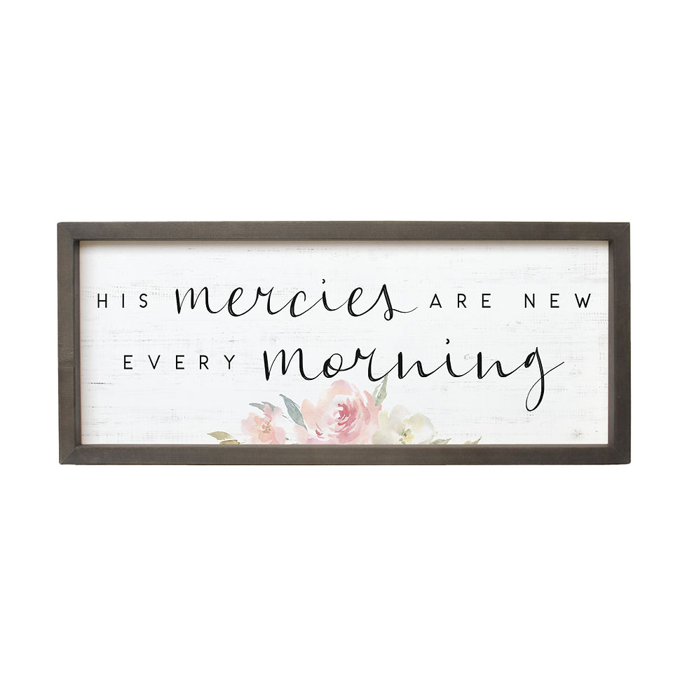 Wooden sign reads: His mercies are new every morning. Floral background design.