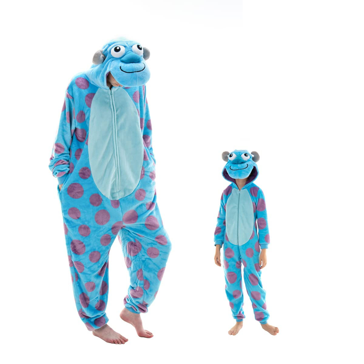Person and child wearing Sully monster onesie pajamas pose together. Khaam Fefalene