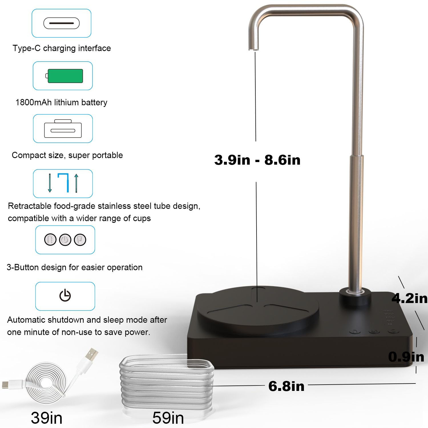 Black device with text: Type-C charging interface, automatic shutoff, and sleep