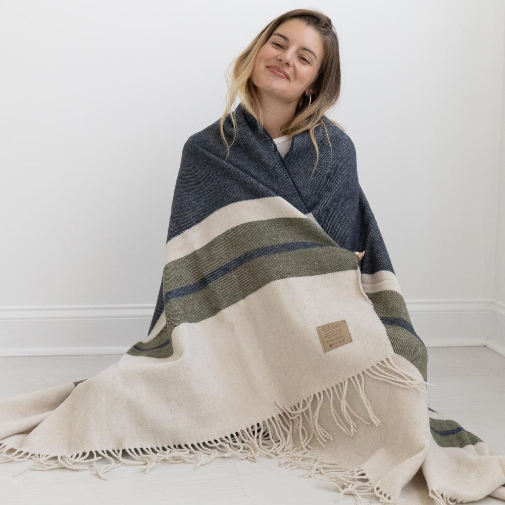 Woman wrapped in blanket smiling, white wall background, striped blanket with fringe detail.