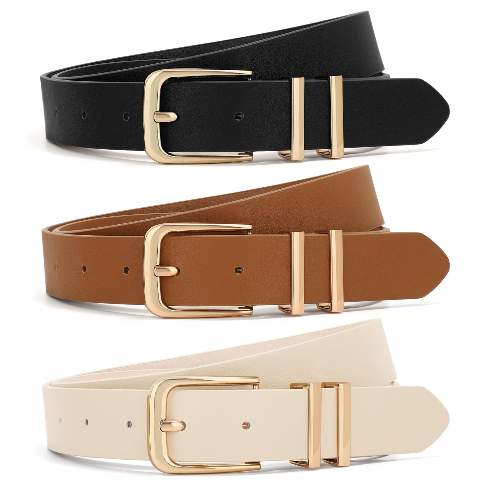 Three stylish belts in black, brown, and ivory with gold metal buckles and loops.