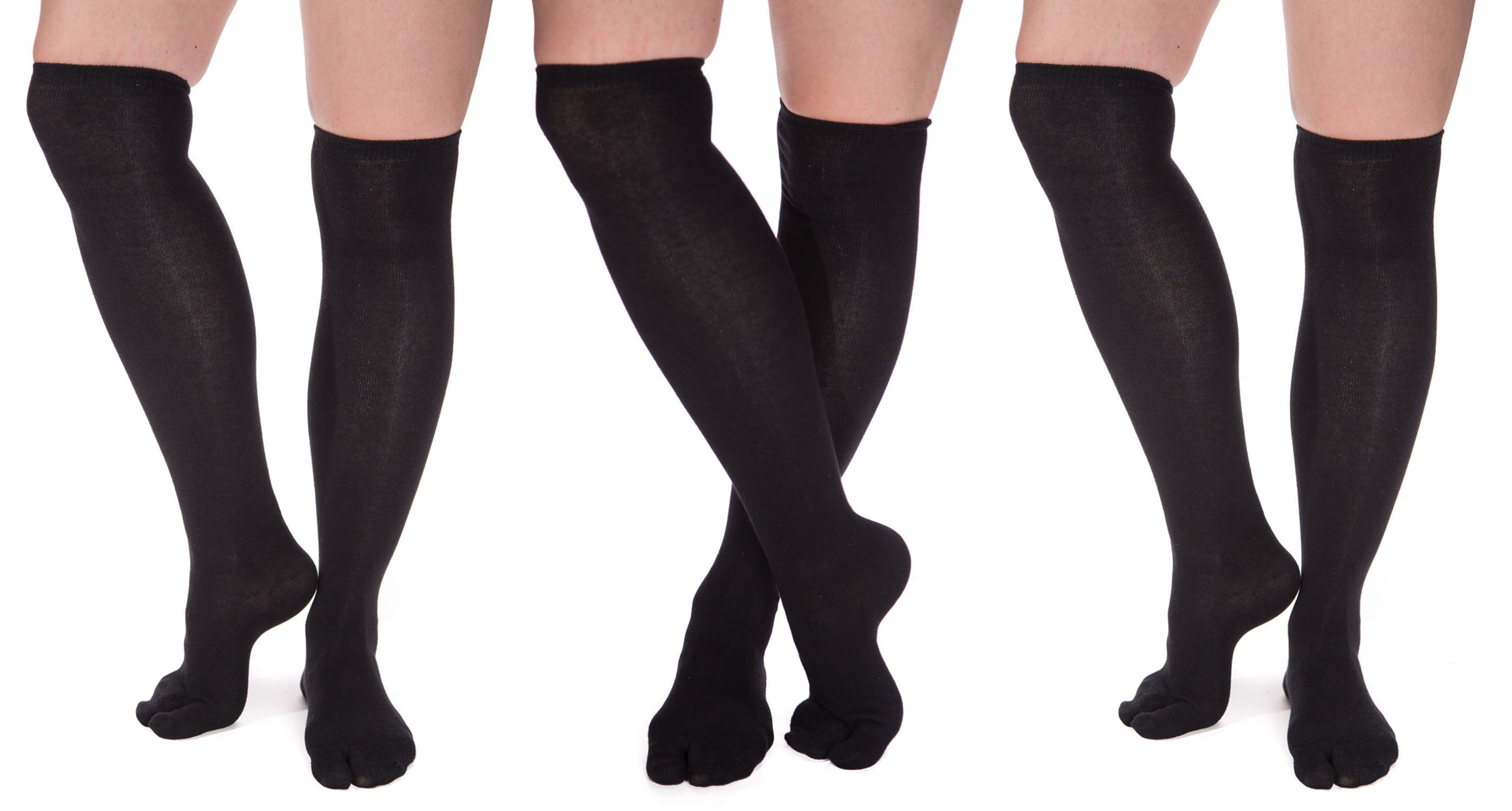 Three pairs of black thigh-high socks on white background, legs crossed.