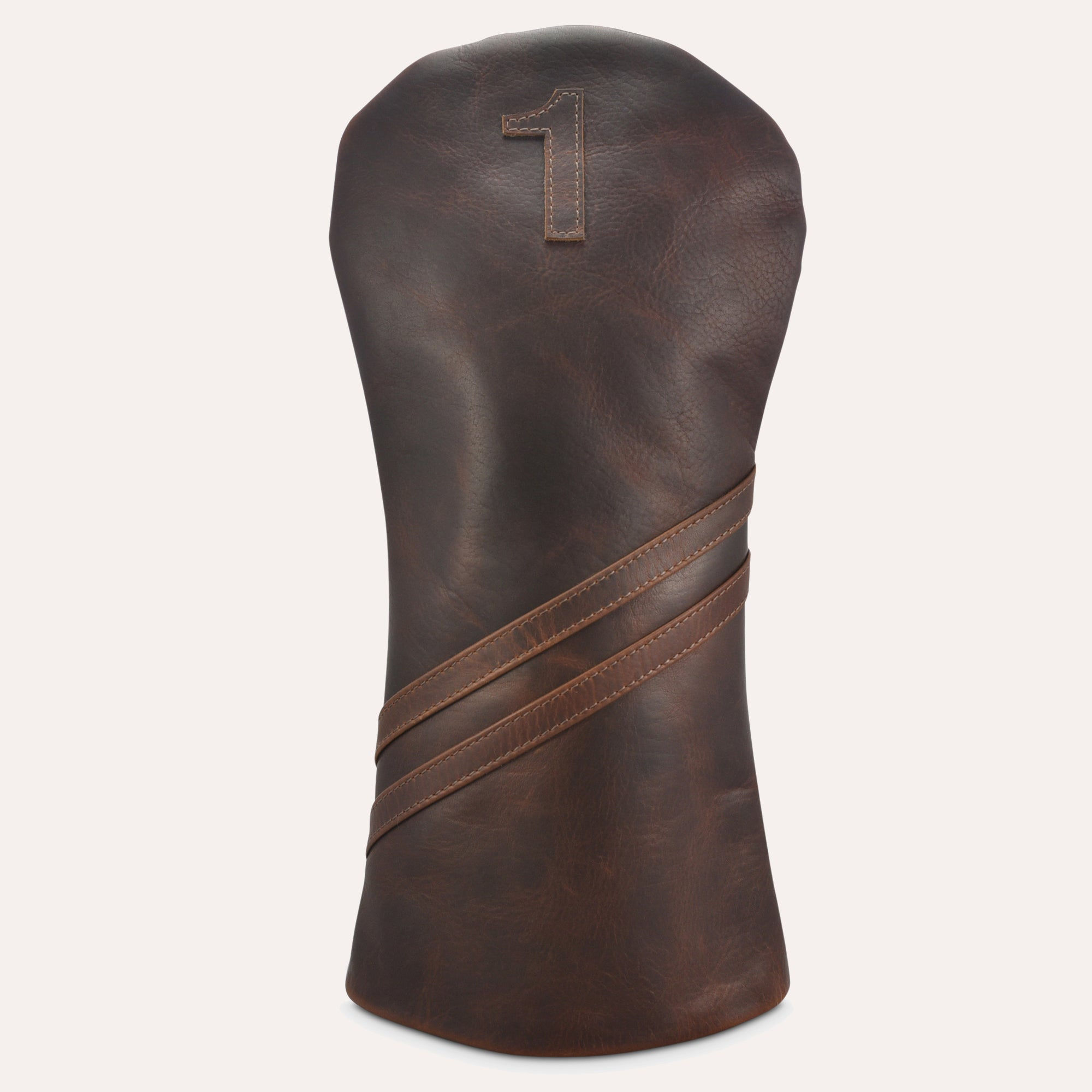 Leather golf club head cover with brown stitched diagonal design.