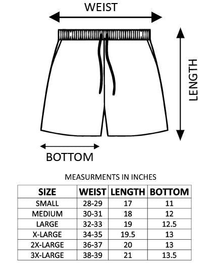White shorts with bottom, length, size, waist, and measurements chart.