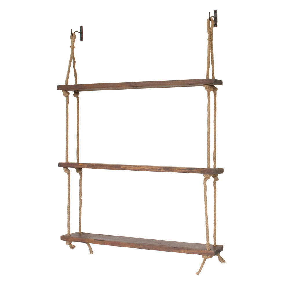 Three-tiered wooden hanging shelf with rope details against a white background.