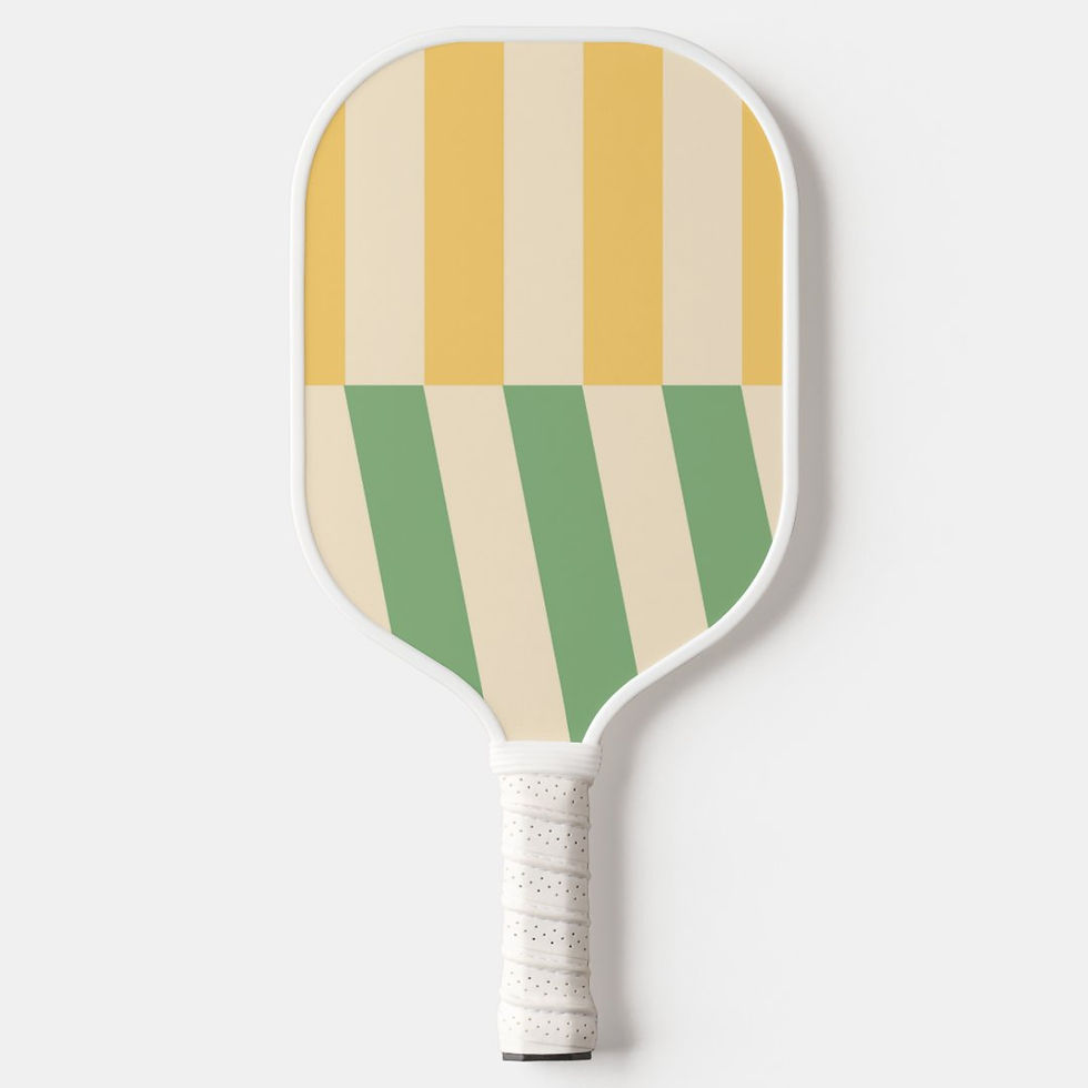 Pickleball paddle with yellow and green striped design in front of white backdrop.