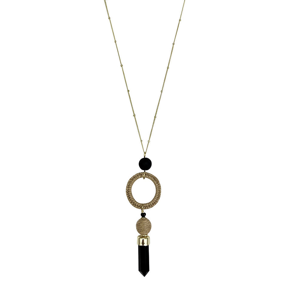 Gold chain necklace with a black bead, circle, and long black pendant.