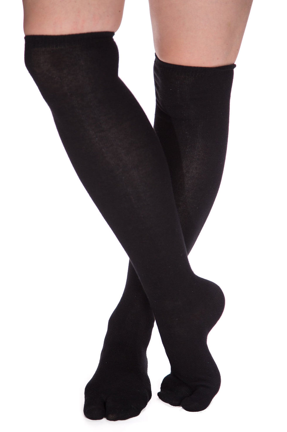 Pair of black tights on display against a white background.