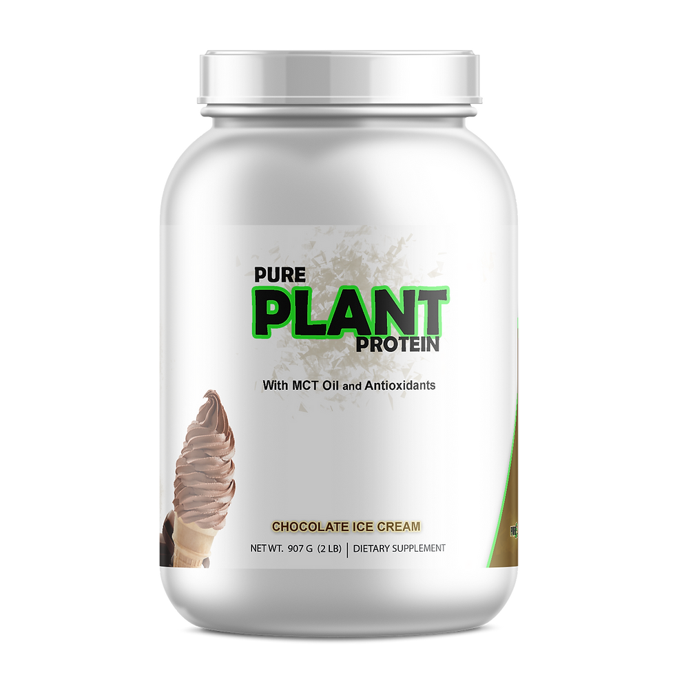 White container of Pure Plant Protein with chocolate ice cream flavor and text.
