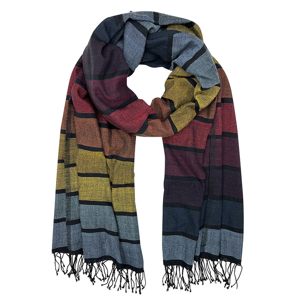 Colorful scarf displayed; striped design with fringes, various shades and textures.