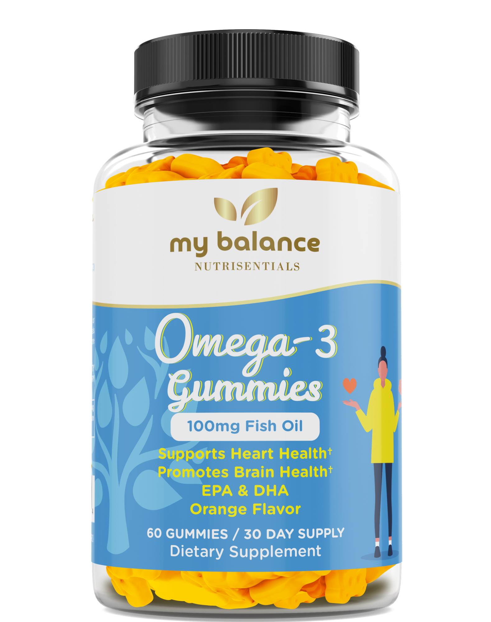 My Balance Omega-3 Gummies 100mg Fish Oil, supports heart health, orange flavor supplement.