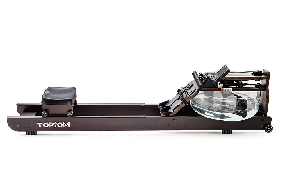 Rowing machine side view, black with white background, workout equipment for fitness training.