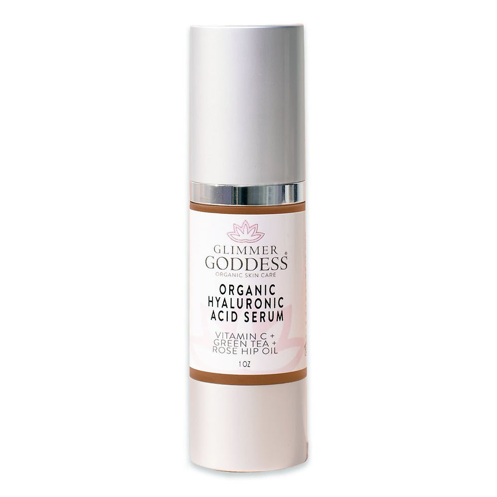A white bottle of Goddess Organic Hyaluronic Acid Serum for skincare.