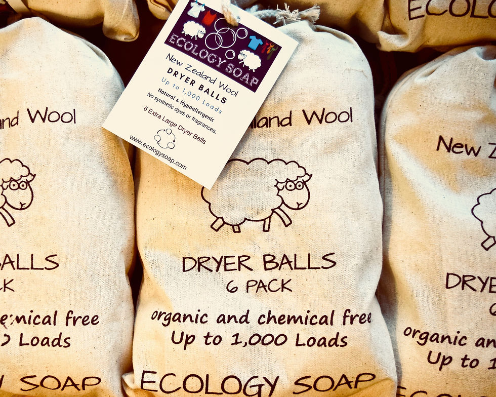 Dryer balls six pack with organic and chemical free text and wool background