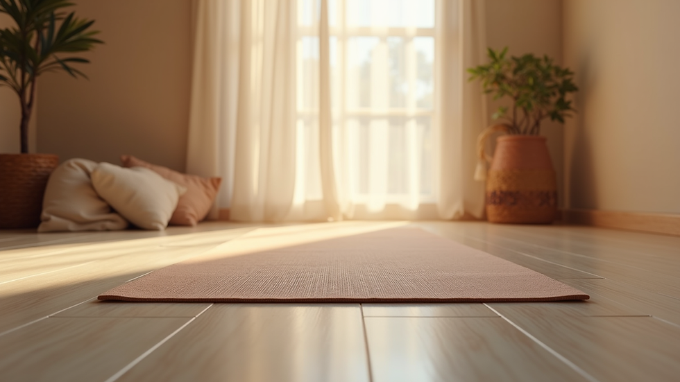 Eye-level view of a yoga mat and a cozy corner with soft lighting