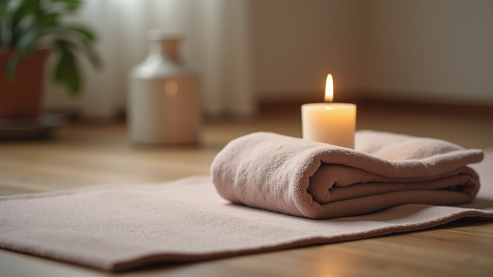 Close-up view of a yoga mat with a folded blanket and a candle for relaxation