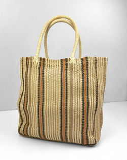 Striped Woven Straw Tote Bag with Round Handles