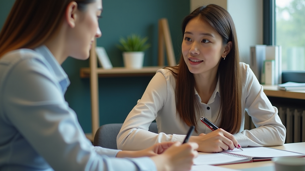 Eye-level view of a tutor providing one-on-one language instruction
