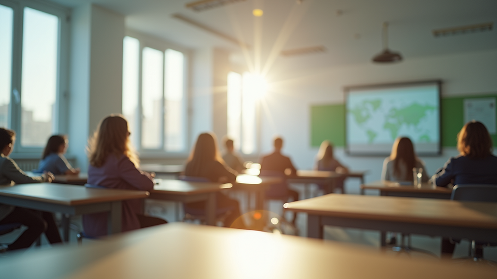 Wide angle view of a bright classroom setting for language learning