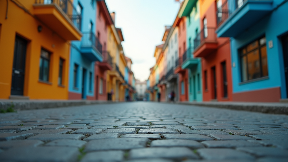 Close-up view of a city street with colorful buildings