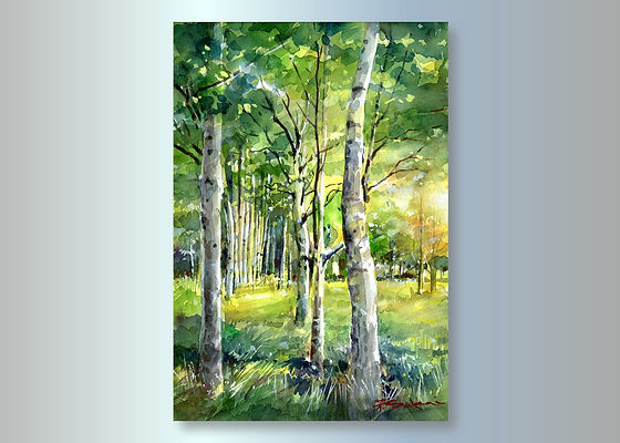 水彩画原画　白樺林　＃607 ☆水彩画☆原画「白樺林」＃607