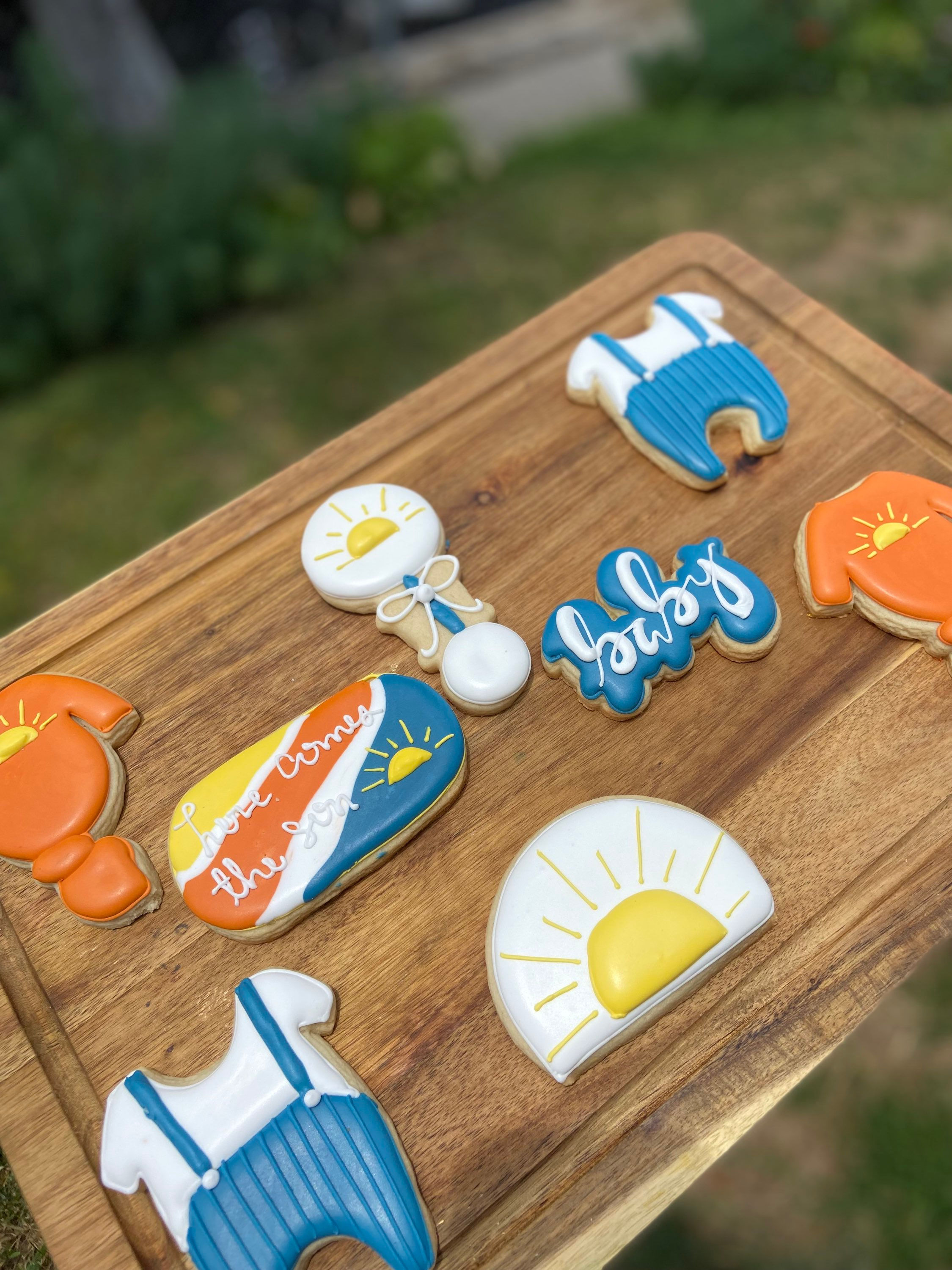 1 or 2 dozen here comes the son cookies / baby boy shower cookies / sun cookies