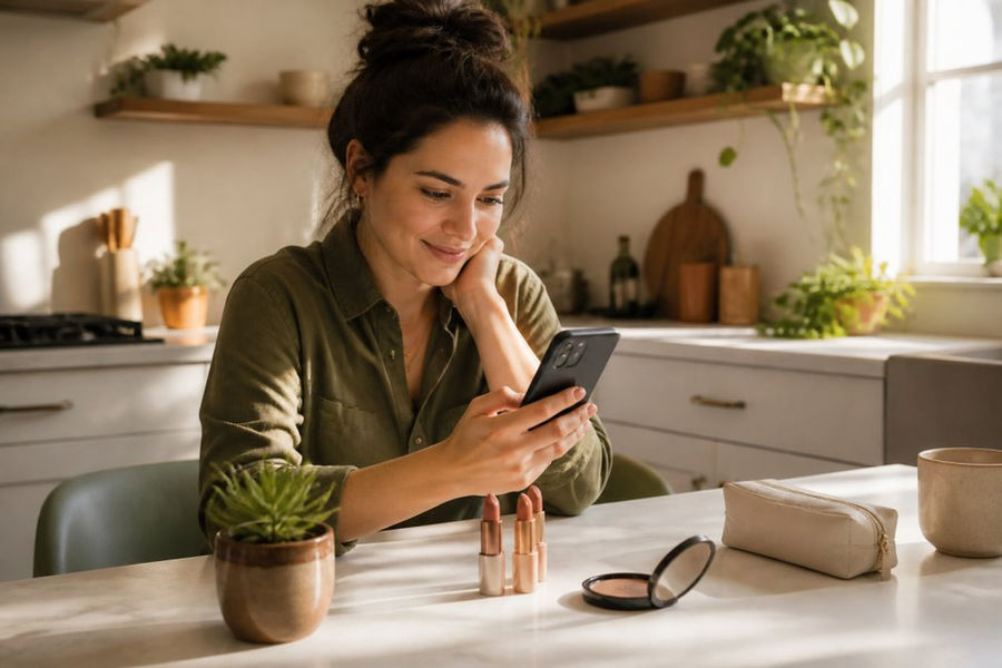 A woman in her late twenties browsing organic makeup products on her smartphone while sitting at a bright kitchen table, with a few vegan lipsticks and a compact mirror nearby, warm natural lighting