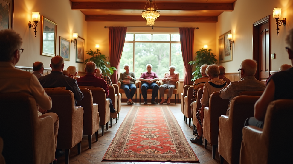 High angle view of a cozy community room set up for a senior entertainment event