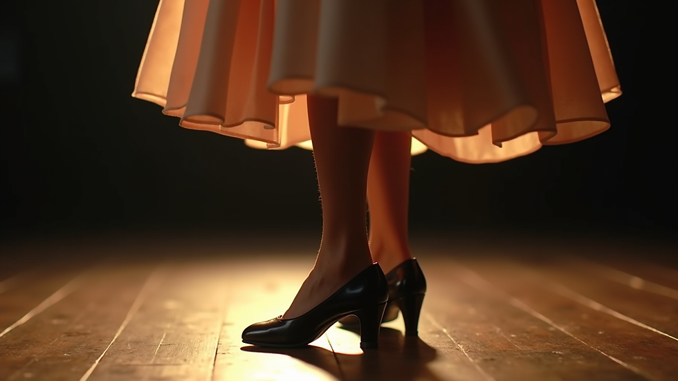 Close-up view of a vintage tap dancer’s shoes on stage