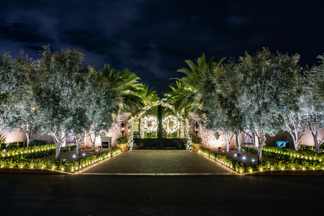 Estate driveway lined with lit trees