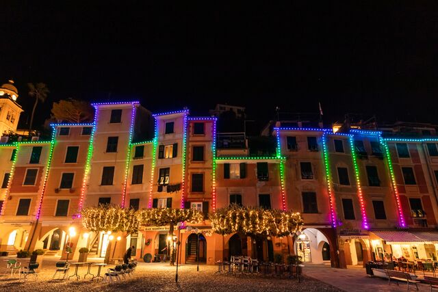 Building facades mapped with programmable color lighting