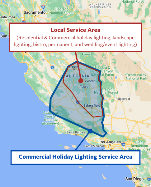 Map of the Christmas Decor by Kaylor Landscape service area across Central California