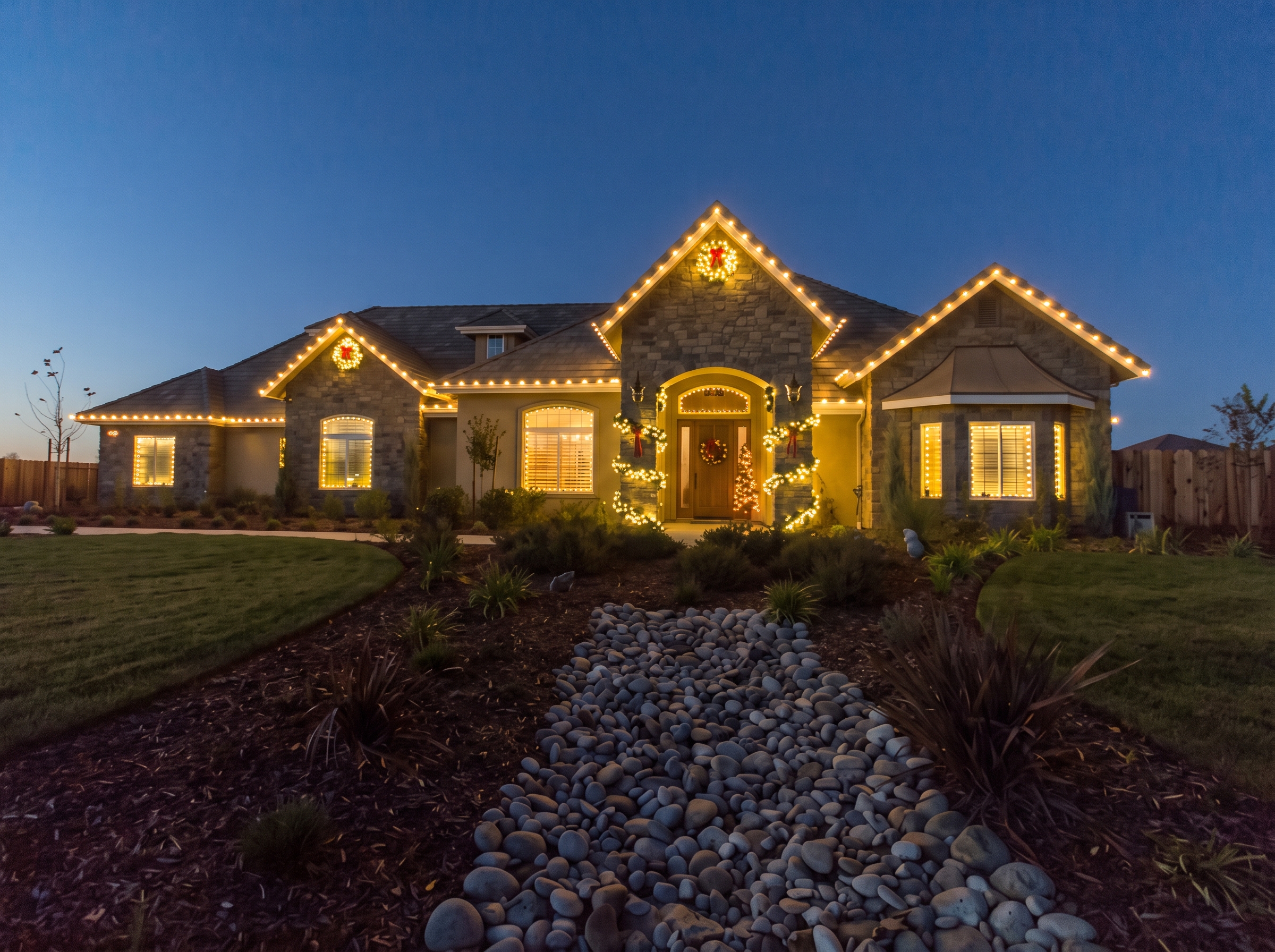 Customer home with a warm-white Christmas roofline and lit entry garland at dusk