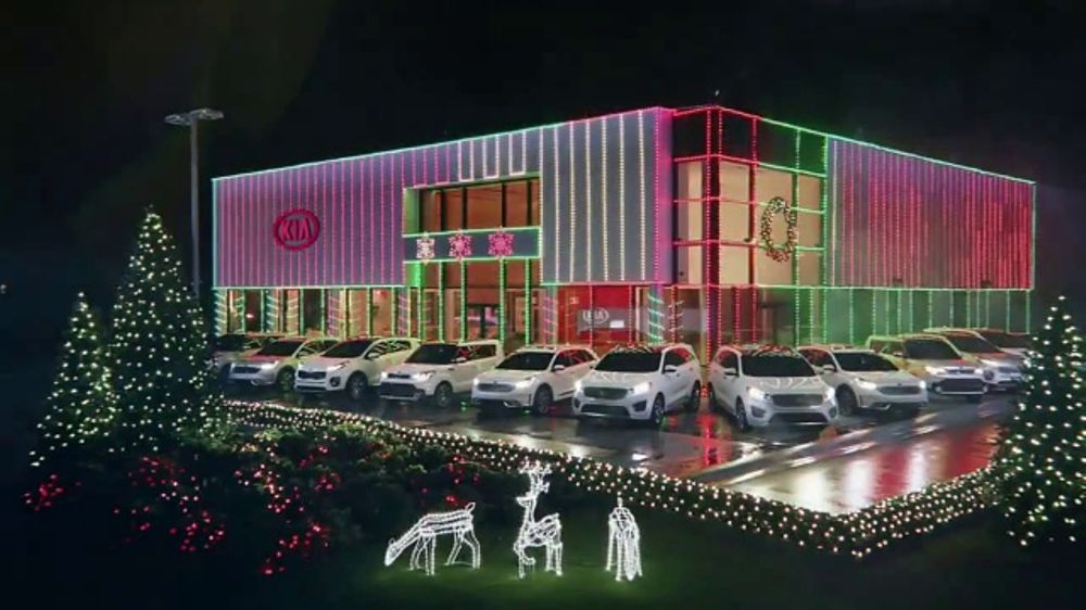 Commercial building decorated with holiday lighting at night