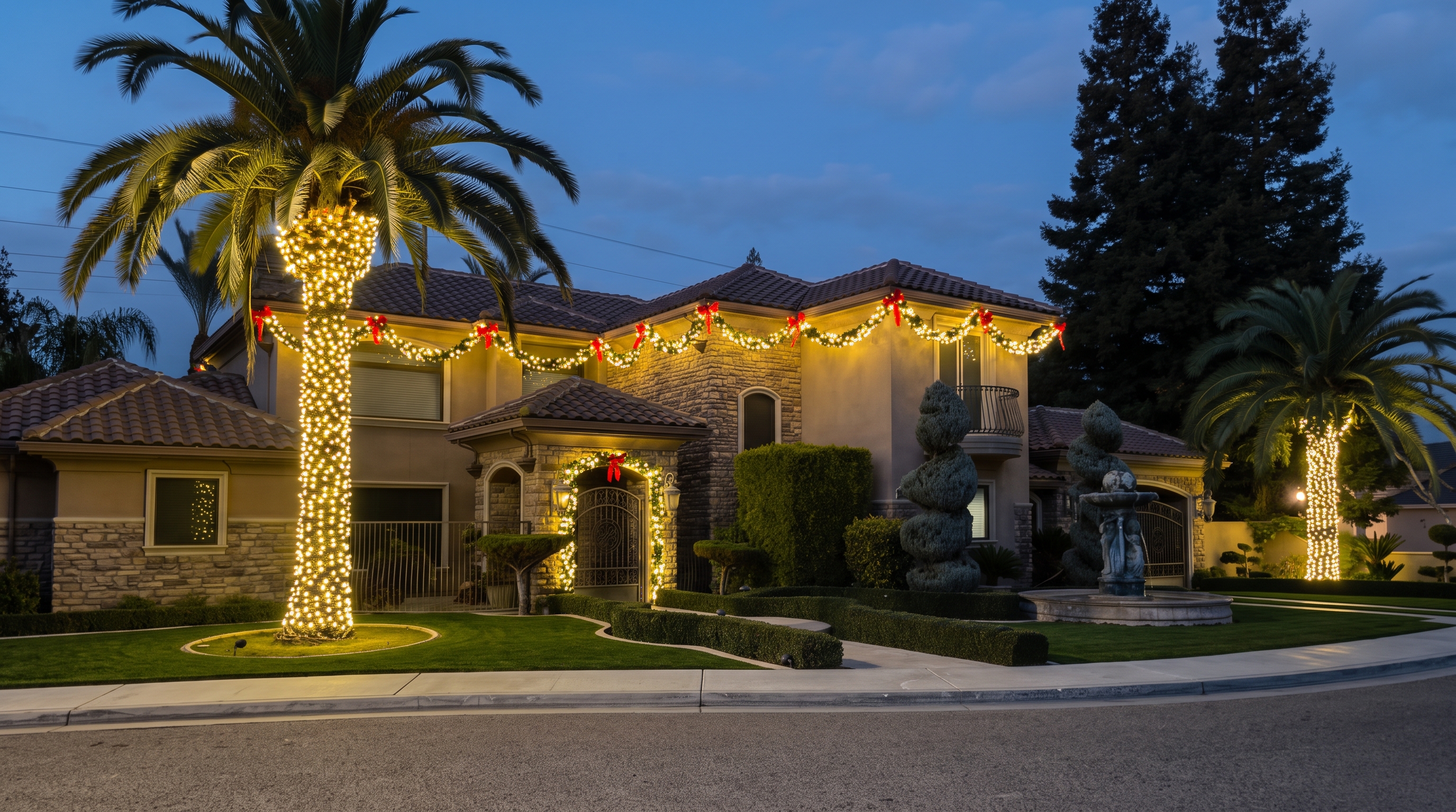 Home with palms and a warm-white roofline at dusk