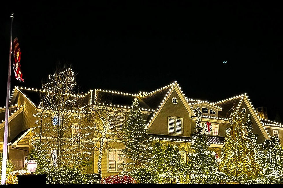 Professionally installed Christmas lights on a home roofline at night
