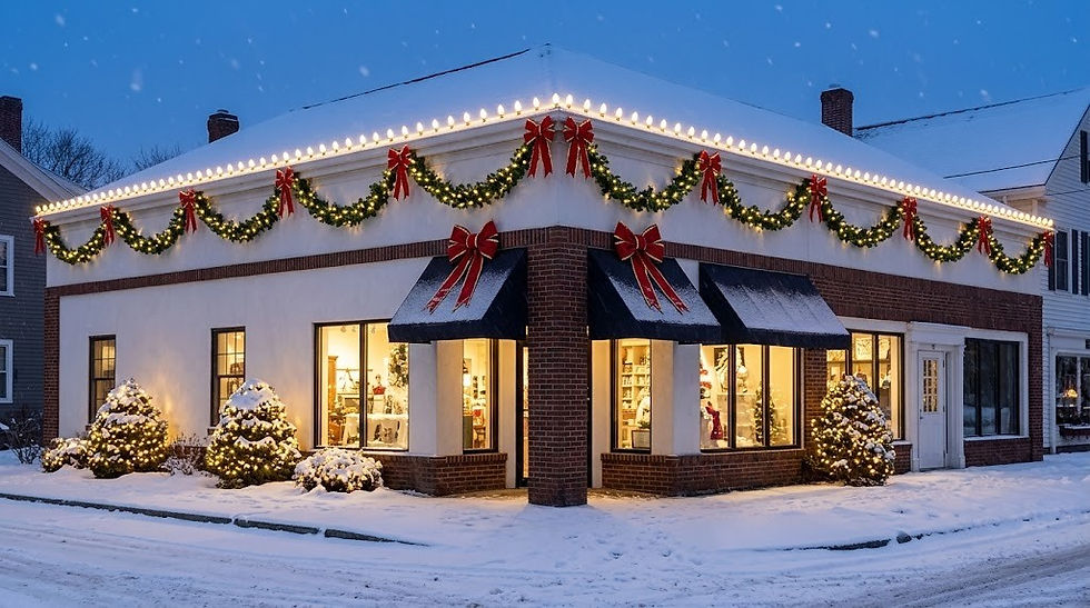 Corner storefront with Christmas roofline lights, garland and red bows