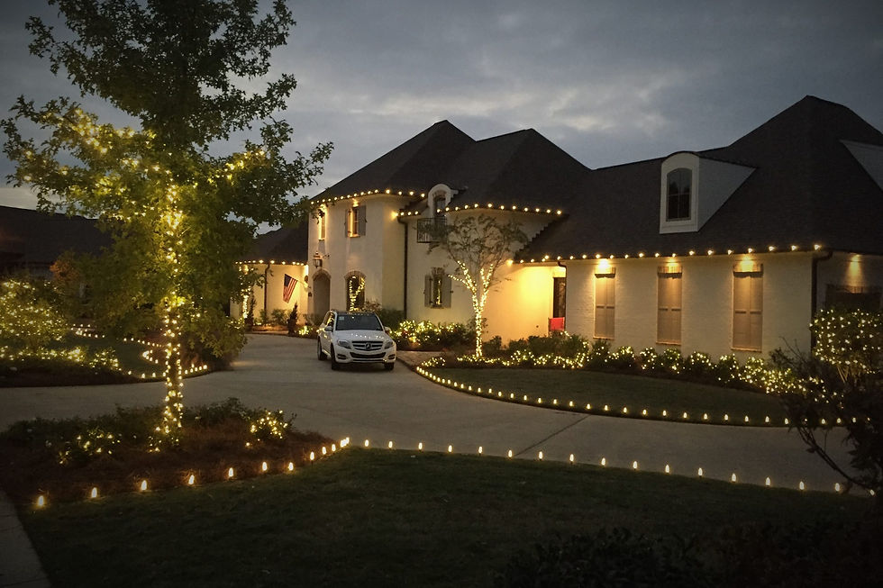 Professionally installed Christmas lights on a home roofline at night