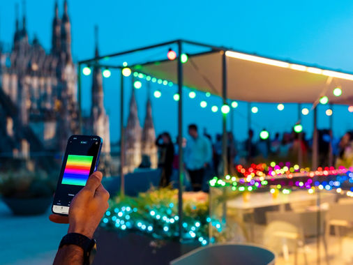 Rooftop patio with app-controlled color-changing lights