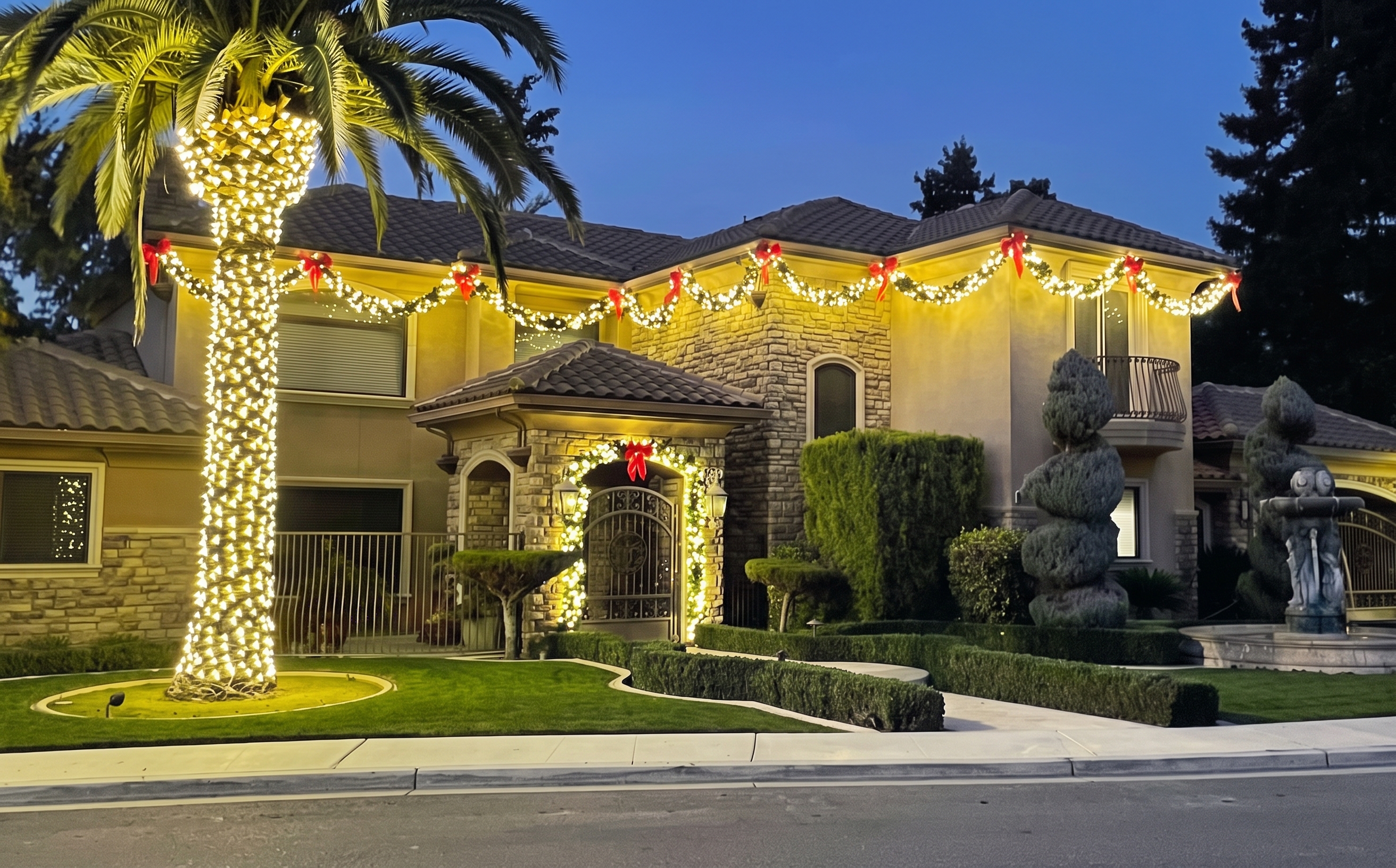 Mediterranean home with palms wrapped in lights